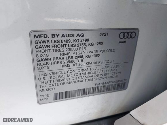 2022 Audi Q5 S line Premium with VIN WA1GAAFY4N2003472, listed as a IAAI auction lot 41706754 with 43,954 mi miles. Bid and sale history available at carsss.com. Image 9.