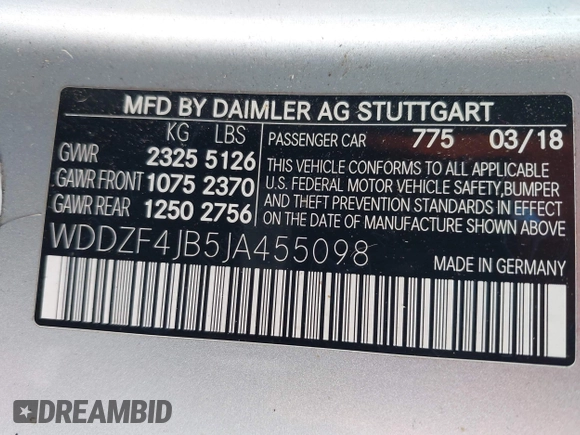 2018 Mercedes-Benz E-Class E 300 with VIN WDDZF4JB5JA455098, listed as a IAAI auction lot 41860177 with 84,612 mi miles. Bid and sale history available at carsss.com. Image 9.