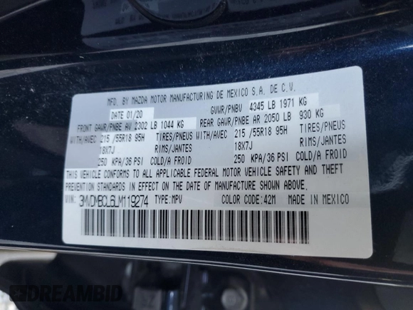 2020 Mazda CX-30 Select with VIN 3MVDMBCL6LM119274, listed as a Copart auction lot 74824034 with Not Provided miles and Non Repairable. Bid and sale history available at DreamBid. Image 14.