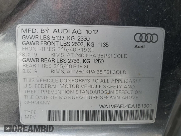 2013 Audi allroad Prestige with VIN WA1VFAFL4DA151901, listed as a Copart auction lot 49972655 with 68,995 mi miles and Salvage Title. Bid and sale history available at carsss.com. Image 12.