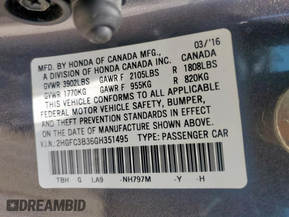 2016 Honda Civic EX-T with VIN 2HGFC3B36GH351495, listed as a Copart auction lot 60447335 with 83,841 mi miles and Salvage title. Bid and sale history available at DreamBid. Image 12.