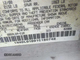 2001 Nissan Altima GXE with VIN 1N4DL01D91C160748, listed as a IAAI auction lot 41754933 with 90,267 mi miles. Bid and sale history available at carsss.com. Image 9.