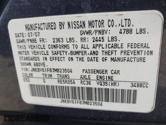 2007 Infiniti G35 Sedan G35x with VIN JNKBV61F87M823504, listed as a IAAI auction lot 42166411 with 182,250 mi miles. Bid and sale history available at carsss.com. Image 9.