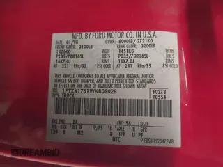 1998 Ford F-150 с VIN 1FTZX1761WKB08028, выставлен на аукционе IAAI как лот 40724830 с пробегом 243 198 миль миль и . История ставок и продаж доступна на DreamBid. Изображение 9.