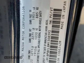 2021 Mazda 3 Preferred with VIN JM1BPBCL8M1308393, listed as a Copart auction lot 74256634 with 28,315 mi miles and Salvage Title. Bid and sale history available at DreamBid. Image 13.
