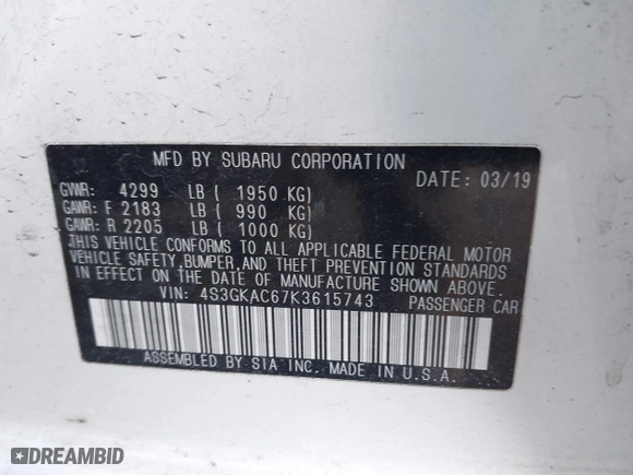 2019 Subaru Impreza Premium with VIN 4S3GKAC67K3615743, listed as a IAAI auction lot 41400298 with 81,677 mi miles. Bid and sale history available at carsss.com. Image 9.