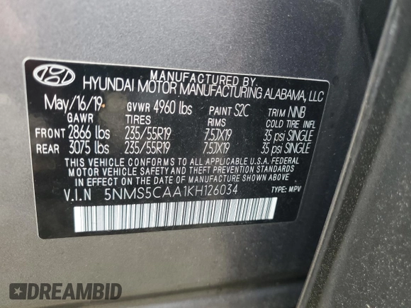 2019 Hyundai Santa Fe Ultimate with VIN 5NMS5CAA1KH126034, listed as a Copart auction lot 50917085 with 44,982 mi miles and Salvage Title. Bid and sale history available at carsss.com. Image 14.