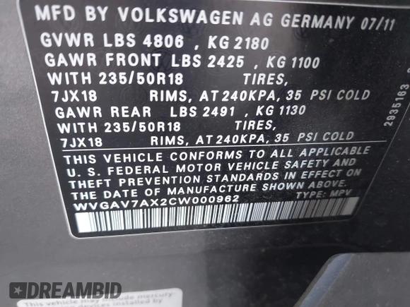 2012 Volkswagen Tiguan SEL with VIN WVGAV7AX2CW000962, listed as a IAAI auction lot 40815475 with 162,859 mi miles and . Bid and sale history available at DreamBid. Image 9.