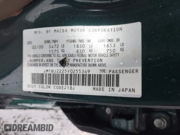 2000 Mazda Protege DX with VIN JM1BJ2225Y0255349, listed as a IAAI auction lot 41604895 with Not Provided miles and . Bid and sale history available at DreamBid. Image 9.