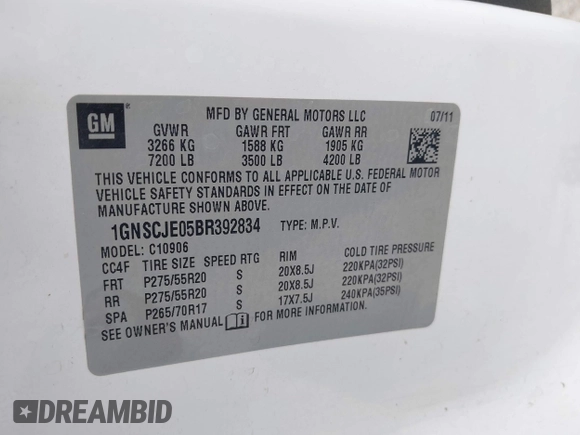2011 Chevrolet Suburban LT with VIN 1GNSCJE05BR392834, listed as a IAAI auction lot 42141087 with 251,359 mi miles and . Bid and sale history available at DreamBid. Image 9.