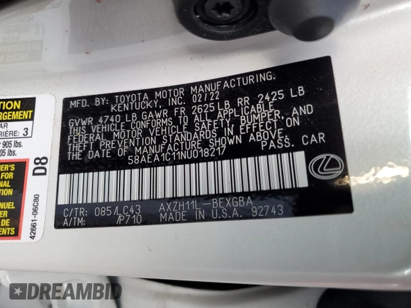 2022 Lexus ES 300h Luxury with VIN 58AEA1C11NU018217, listed as a Copart auction lot 43803745 with 9,446 mi miles and Salvage title. Bid and sale history available at DreamBid. Image 13.