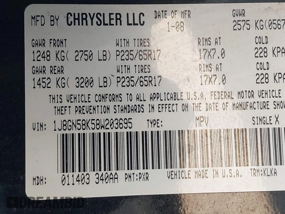 2008 Jeep Liberty Limited with VIN 1J8GN58K58W203695, listed as a IAAI auction lot 41894711 with 155,967 mi miles and . Bid and sale history available at carsss.com. Image 9.