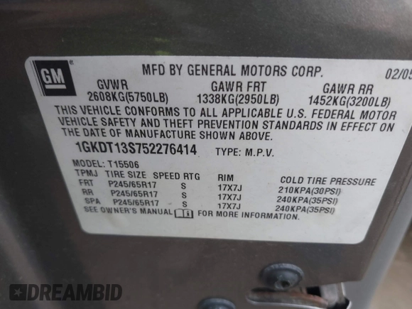 2005 GMC Envoy SLT with VIN 1GKDT13S752276414, listed as a IAAI auction lot 41052684 with 200,919 mi miles. Bid and sale history available at carsss.com. Image 9.