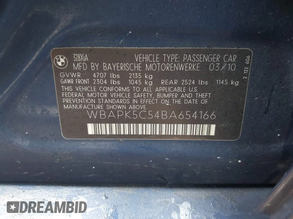 2011 BMW 3 Series 328i xDrive with VIN WBAPK5C54BA654166, listed as a IAAI auction lot 41462731 with 141,844 mi miles and . Bid and sale history available at DreamBid. Image 9.