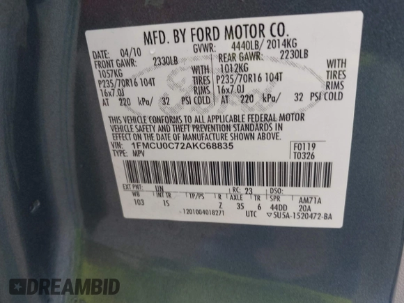 2010 Ford Escape XLS with VIN 1FMCU0C72AKC68835, listed as a IAAI auction lot 42387064 with 116,065 mi miles and . Bid and sale history available at DreamBid. Image 9.