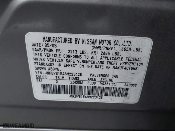 2008 Infiniti G35 Sedan Journey with VIN JNKBV61E48M223426, listed as a IAAI auction lot 41764643 with NaN miles. Bid and sale history available at carsss.com. Image 9.