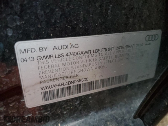 2013 Audi A4 Premium with VIN WAUAFAFL4DN048505, listed as a Copart auction lot 43472675 with 150,974 mi miles and Salvage Title. Bid and sale history available at carsss.com. Image 12.