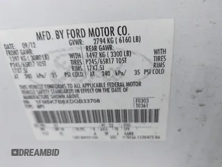 2013 Ford Explorer with VIN 1FM5K7B8XDGB33708, listed as a IAAI auction lot 42527909 with 187,875 mi miles and . Bid and sale history available at DreamBid. Image 9.