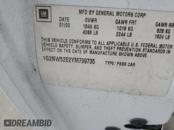2000 Pontiac Grand Am GT with VIN 1G2NW52E2YM799735, listed as a Copart auction lot 51782455 with 181,850 mi miles and Salvage title. Bid and sale history available at DreamBid. Image 14.