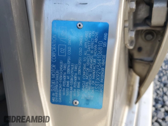 2006 Suzuki XL7 with VIN JS3TX92V364106810, listed as a Copart auction lot 88796775 with 142,799 mi miles and Salvage title. Bid and sale history available at DreamBid. Image 12.