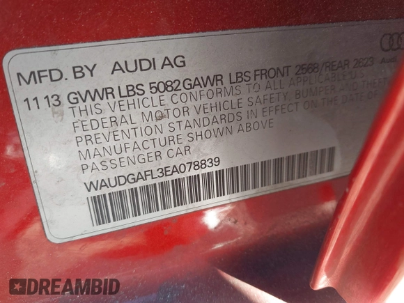 2014 Audi S4 Premium Plus with VIN WAUDGAFL3EA078839, listed as a IAAI auction lot 41428351 with 55,582 mi miles. Bid and sale history available at carsss.com. Image 9.