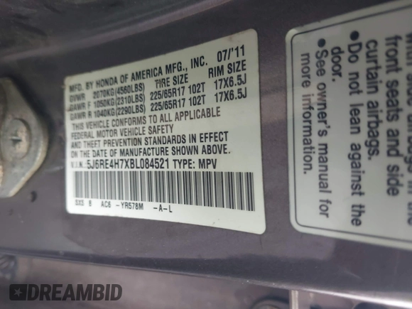 2011 Honda CR-V EX-L with VIN 5J6RE4H7XBL084521, listed as a IAAI auction lot 41498386 with 1 mi miles. Bid and sale history available at carsss.com. Image 9.