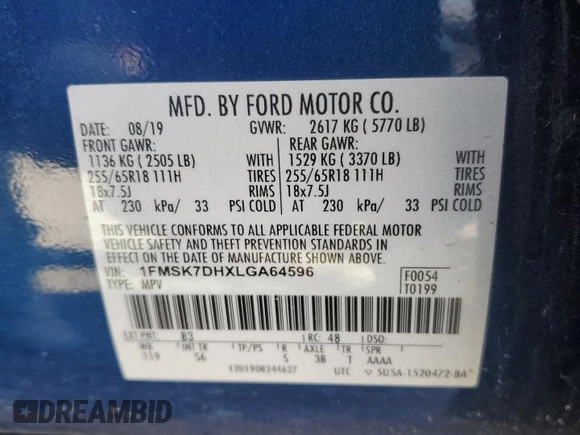 2020 Ford Explorer XLT z VIN 1FMSK7DHXLGA64596, wystawiony jako Copart lot #82782614 z przebiegiem 166 977 mil mil oraz Szkoda całkowita • Salvage title. Historia ofert i sprzedaży dostępna na DreamBid. Obrazek 15.