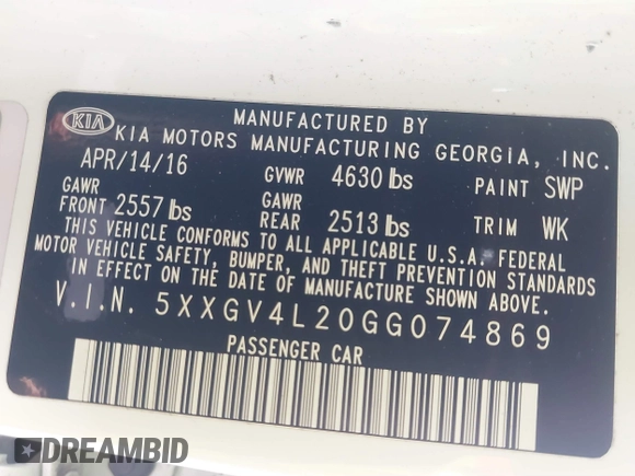 2016 Kia Optima SXL Turbo with VIN 5XXGV4L20GG074869, listed as a IAAI auction lot 41212808 with 82,884 mi miles. Bid and sale history available at carsss.com. Image 9.
