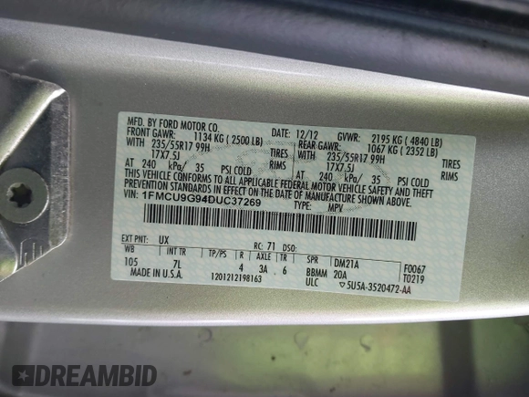 2013 Ford Escape SE with VIN 1FMCU9G94DUC37269, listed as a IAAI auction lot 41896473 with 130,391 mi miles. Bid and sale history available at carsss.com. Image 9.