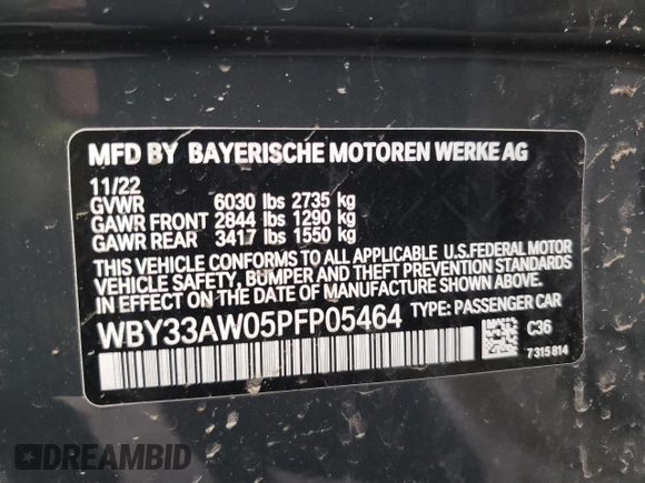 2023 BMW i4 M50 with VIN WBY33AW05PFP05464, listed as a Copart auction lot 82332714 with 14,644 mi miles and Salvage Title. Bid and sale history available at carsss.com. Image 14.