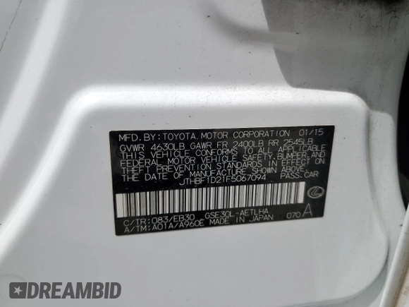 2015 Lexus IS 250 with VIN JTHBF1D21F5067094, listed as a Copart auction lot 53811335 with 115,118 mi miles and Salvage Title. Bid and sale history available at carsss.com. Image 12.