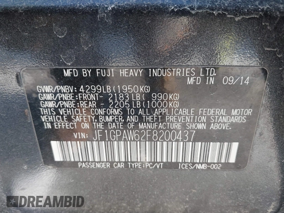 2015 Subaru Impreza Special Sports Limited с VIN JF1GPAW62F8200437, выставлен на аукционе IAAI как лот 41600778 с пробегом 169 353 миль миль и . История ставок и продаж доступна на DreamBid. Изображение 9.
