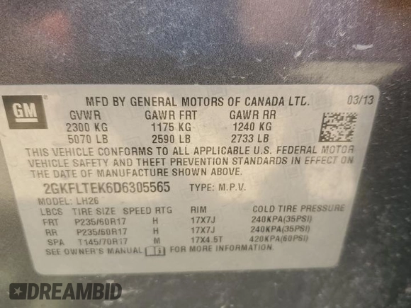 2013 GMC Terrain SLE with VIN 2GKFLTEK6D6305565, listed as a Copart auction lot 63447405 with 167,948 mi miles and Clean title. Bid and sale history available at DreamBid. Image 12.