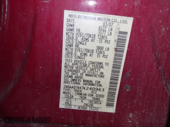2007 Nissan Titan XE z VIN 1N6AA07B47N240963, wystawiony jako IAAI lot #42250635 z przebiegiem 117 178 mil mil oraz . Historia ofert i sprzedaży dostępna na DreamBid. Obrazek 9.