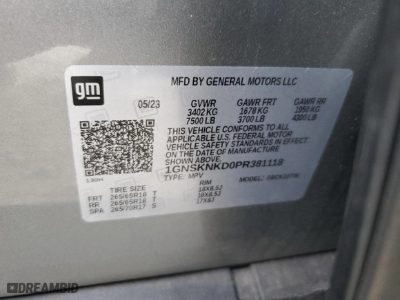 2023 Chevrolet Tahoe LT with VIN 1GNSKNKD0PR381118, listed as a Copart auction lot 43597495 with 44,953 mi miles and Salvage Title. Bid and sale history available at carsss.com. Image 13.