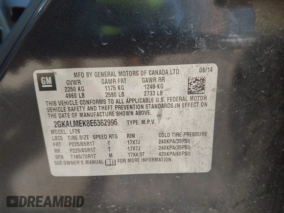 2014 GMC Terrain SLE with VIN 2GKALMEK8E6362996, listed as a IAAI auction lot 42502129 with 114,127 mi miles and . Bid and sale history available at DreamBid. Image 9.