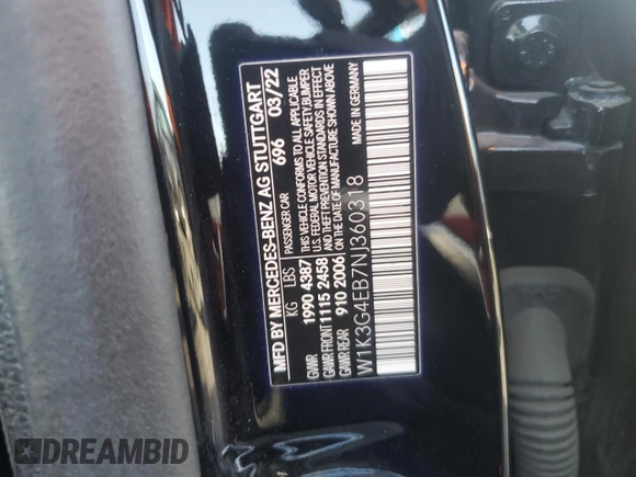 2022 Mercedes-Benz A 220 with VIN W1K3G4EB7NJ360318, listed as a Copart auction lot 87510085 with 50,577 mi miles and Salvage Title. Bid and sale history available at DreamBid. Image 13.