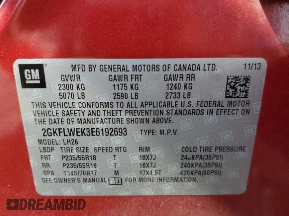 2014 GMC Terrain SLE с VIN 2GKFLWEK3E6192693, выставлен на аукционе Copart как лот 60116415 с пробегом 134 915 миль миль и Списание • Salvage title. История ставок и продаж доступна на DreamBid. Изображение 13.