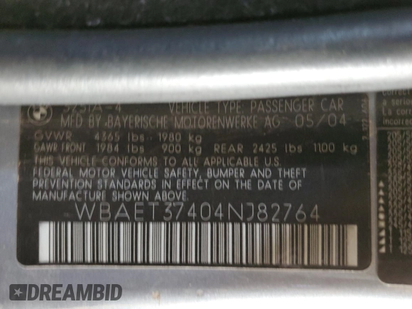 2004 BMW 3 Series 325i with VIN WBAET37404NJ82764, listed as a Copart auction lot 44070545 with 0 mi miles and Salvage Title. Bid and sale history available at carsss.com. Image 12.