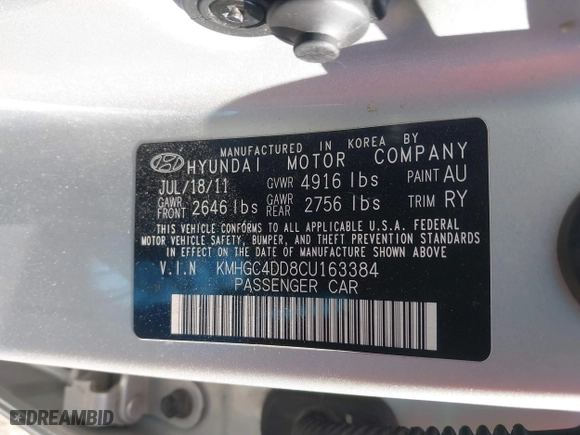 2012 Hyundai Genesis 3.8L with VIN KMHGC4DD8CU163384, listed as a IAAI auction lot 42058025 with 155,351 mi miles. Bid and sale history available at carsss.com. Image 9.