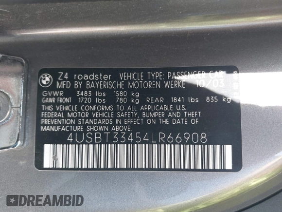 2004 BMW Z4 2.5i with VIN 4USBT33454LR66908, listed as a IAAI auction lot 42013003 with 71,368 mi miles and . Bid and sale history available at DreamBid. Image 9.