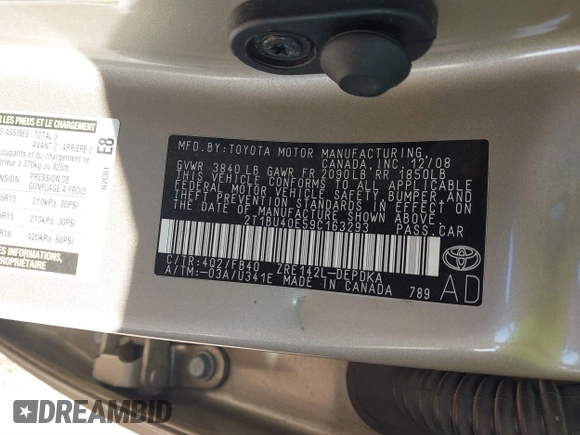 2009 Toyota Corolla with VIN 2T1BU40E59C163293, listed as a IAAI auction lot 41824986 with 123,954 mi miles. Bid and sale history available at carsss.com. Image 9.