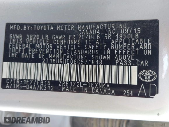 2016 Toyota Corolla L with VIN 2T1BURHE0GC521818, listed as a IAAI auction lot 42704835 with 79,784 mi miles and . Bid and sale history available at DreamBid. Image 9.