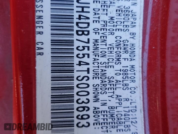 1996 Acura Integra with VIN JH4DB7554TS003693, listed as a Copart auction lot 43013745 with 180,608 mi miles and Salvage title. Bid and sale history available at DreamBid. Image 12.