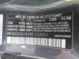 2008 Mercedes-Benz C 300 Sport with VIN WDDGF81XX8F123021, listed as a IAAI auction lot 42087637 with 60,409 mi miles and . Bid and sale history available at DreamBid. Image 9.