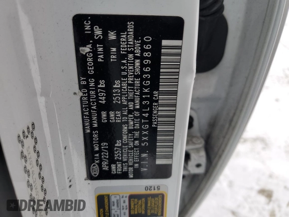 2019 Kia Optima LX with VIN 5XXGT4L31KG369860, listed as a Copart auction lot 45542435 with 126,119 mi miles and Salvage Title. Bid and sale history available at carsss.com. Image 12.