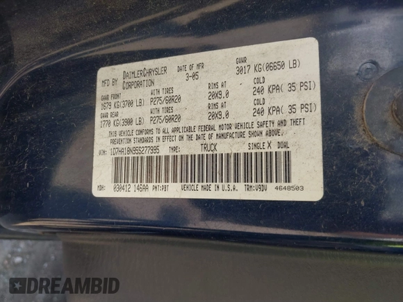 2005 Dodge 1500 SLT with VIN 1D7HA18N95S277995, listed as a IAAI auction lot 41841508 with 212,109 mi miles. Bid and sale history available at carsss.com. Image 9.