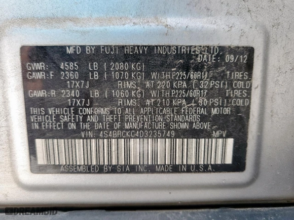 2013 Subaru Outback 2.5i Limited with VIN 4S4BRCKC4D3235749, listed as a Copart auction lot 50131275 with 184,180 mi miles and Salvage Title. Bid and sale history available at carsss.com. Image 14.