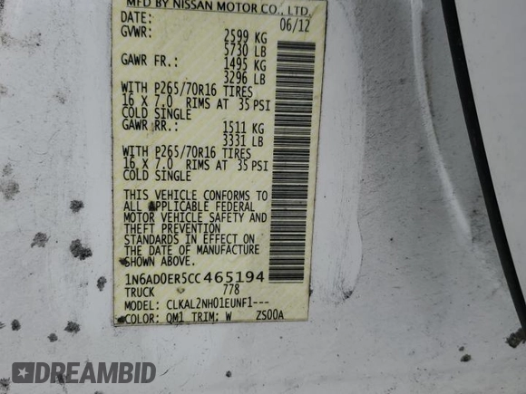 2012 Nissan Frontier SV with VIN 1N6AD0ER5CC465194, listed as a Copart auction lot 64802135 with 101,005 mi miles and Salvage title. Bid and sale history available at DreamBid. Image 12.
