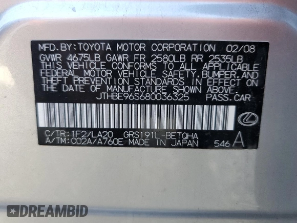2008 Lexus GS 350 z VIN JTHBE96S680036325, wystawiony jako Copart lot #57797525 z przebiegiem 160 992 mil mil oraz Szkoda całkowita • Salvage title. Historia ofert i sprzedaży dostępna na DreamBid. Obrazek 12.